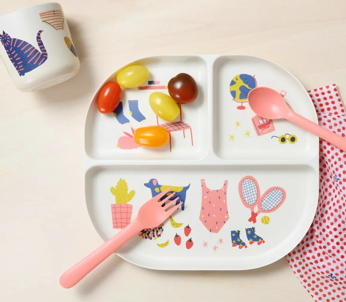 Illustrated Bamboo Kid Dinner Set | Coral