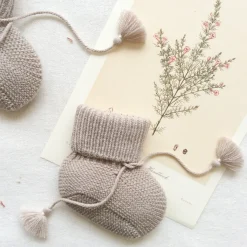 Knitted Booties with Embroidered Pouch - Taupe