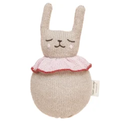 Roly Poly Rabbit Knitted Soft Toy in Beige with Rose Ruff